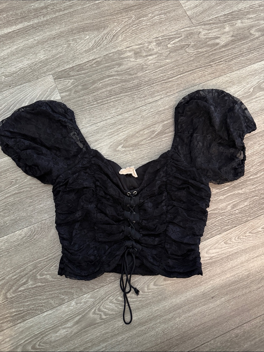meraki Black Lace Puff Sleeve Crop Top with Front Lacing